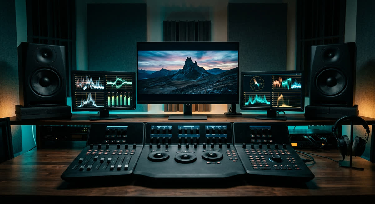 Video editing timeline with color grading and sound design