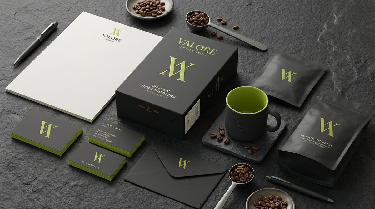 Monogram coffee house identity laid out as a logo, business cards, letterhead and coffee packaging