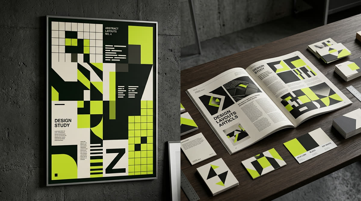 Bold Swiss-style editorial posters and magazine spreads with strong grids and type