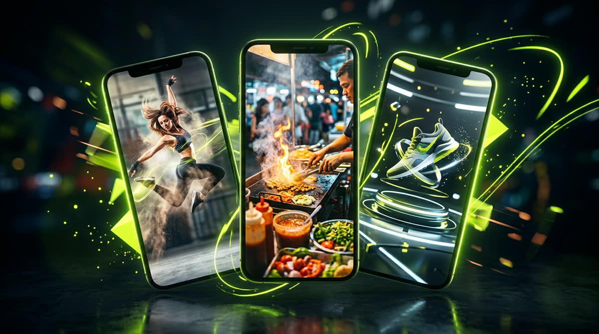 Vertical Instagram Reels and Shorts frames with fast cuts and kinetic on-screen text