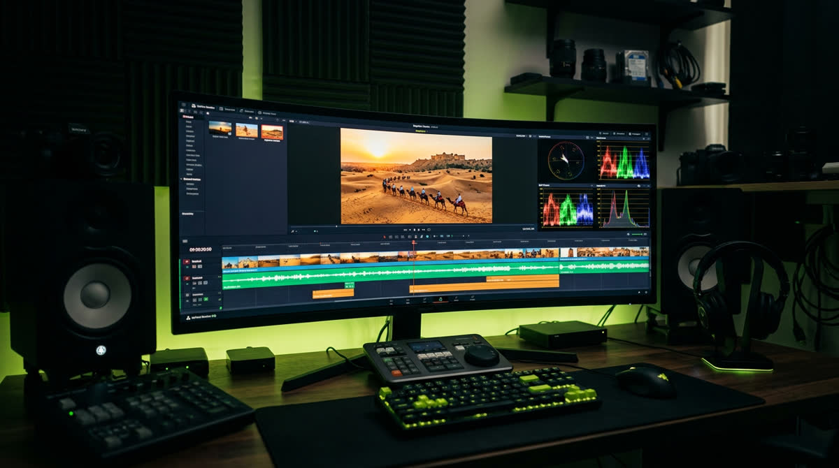Colour-graded desert travel film frames on an editing timeline